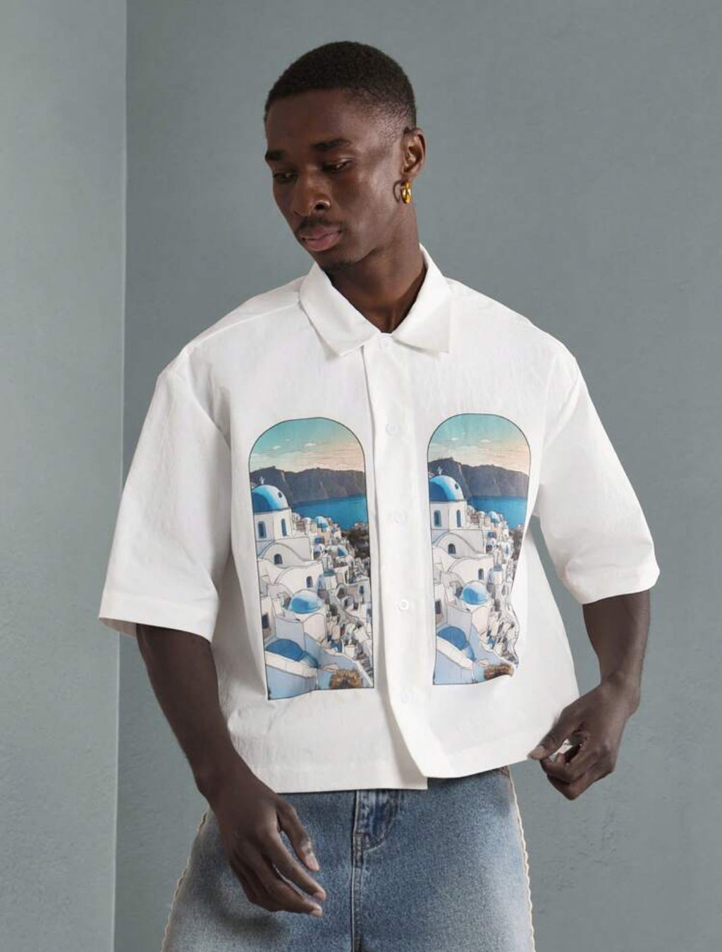 Premium Boxy Fit Shirt with Santorini print in White
