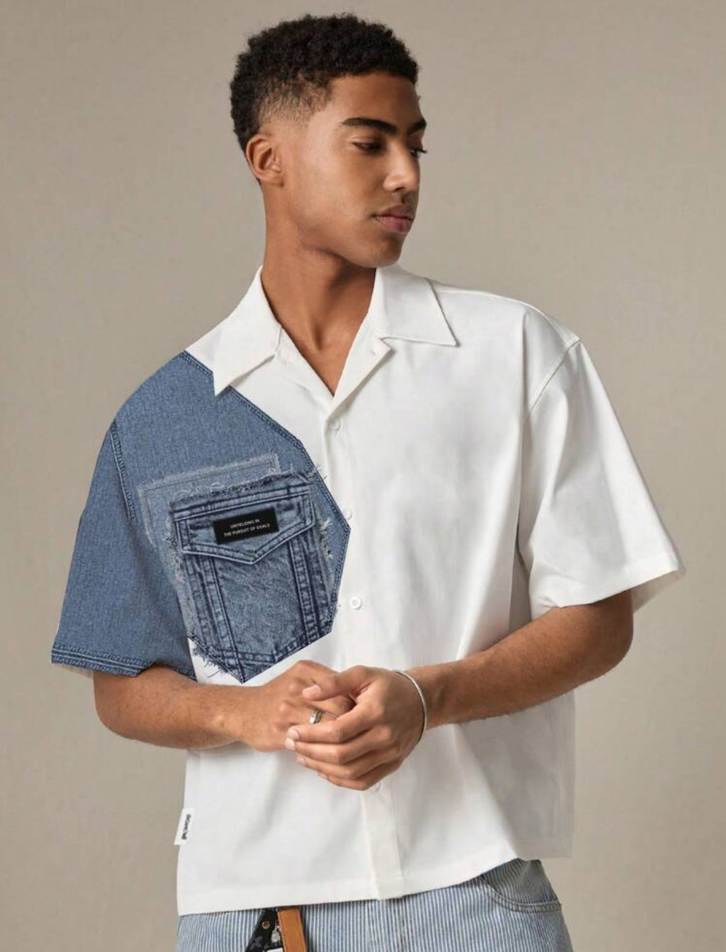 Boxy Shirt Half Denim in Blue and White
