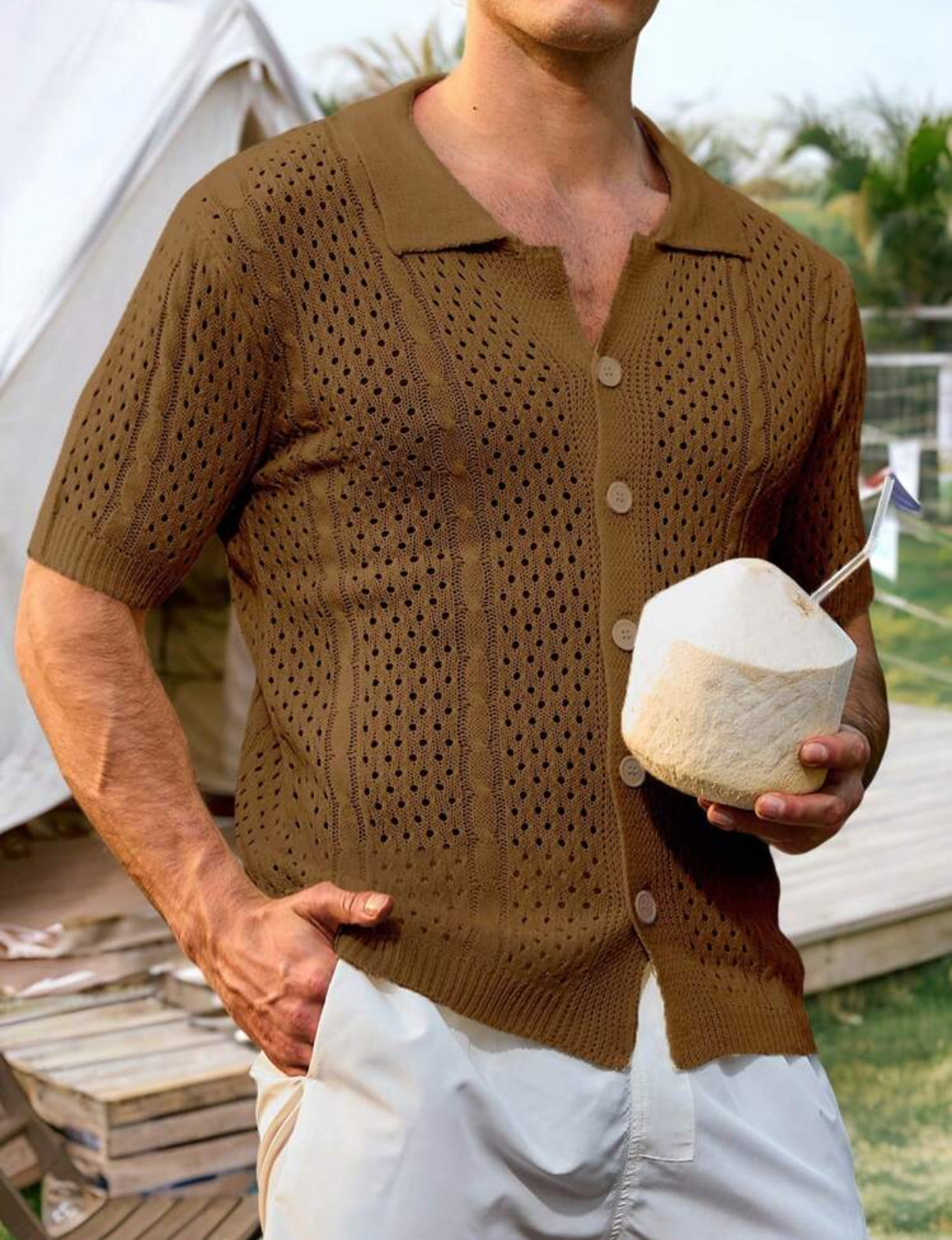 Knitted revere collar shirt in brown