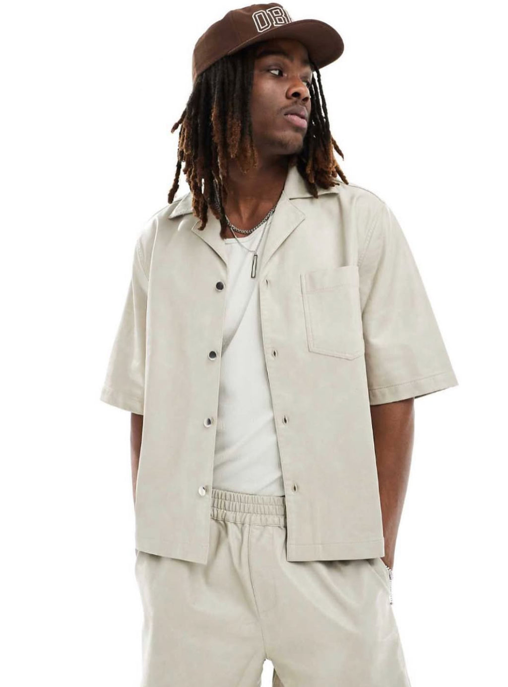 Leather Short Sleeve Shirt in Beige