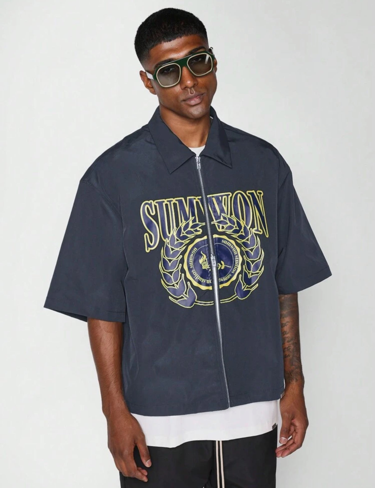 Sumwon Boxy Shirt with Front Print in Navy