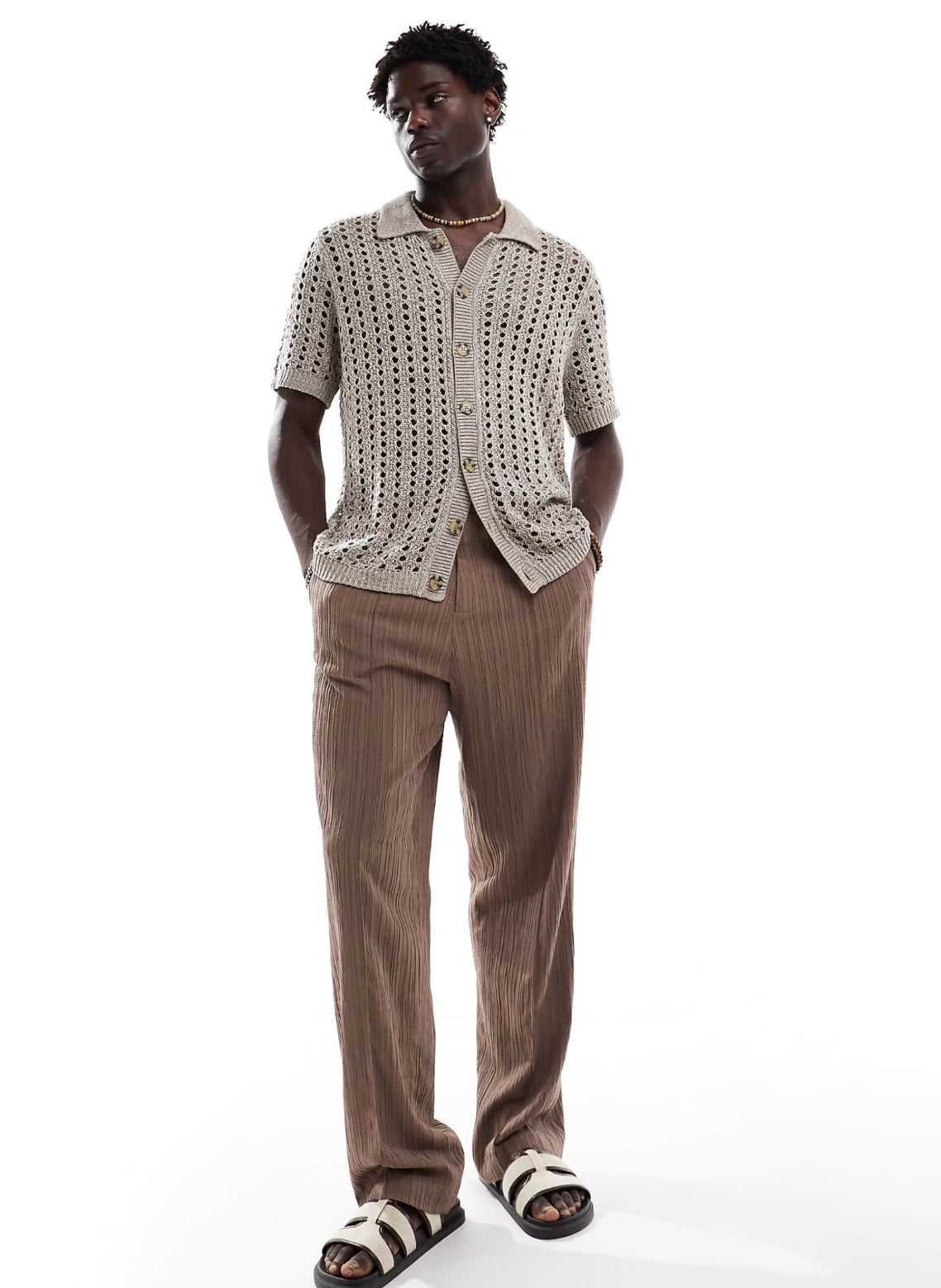 Knitted Button up Shirt in Light Brown